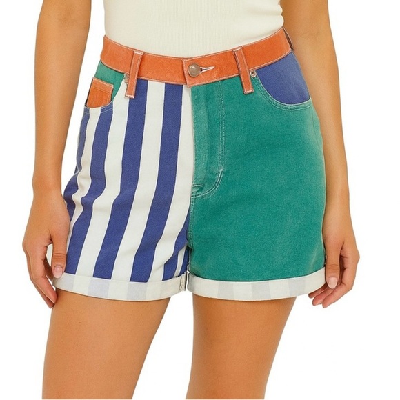 Urban Outfitters High Waist Blue and Green Shorts with Orange Belt - Picture 1 of 4